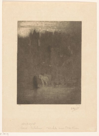 Figur och två hästar på ett slott i dimman av Albrecht Felix Reicher (signed by artist)