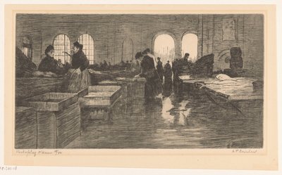Interiör av Vismarkt på Nieuwmarkt i Amsterdam Vischafslag Amsterdam (originaltitel på objektet) av Albrecht Felix Reicher (signed by artist)