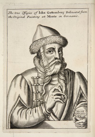 John Guttemberg, från Mechanick Exercises: or The Doctrine of Handy-Works appliced to the Art of Printing, pub. 1683 av Albrecht after Mentz
