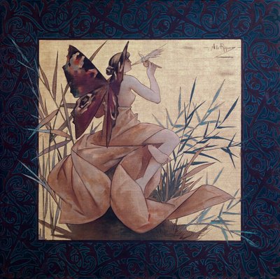 Komposition med en bevingad nymf mellan vassen - Målning av Alexandre de Riquer i Ynglada (1856-1920) av Alejandro de Riquer