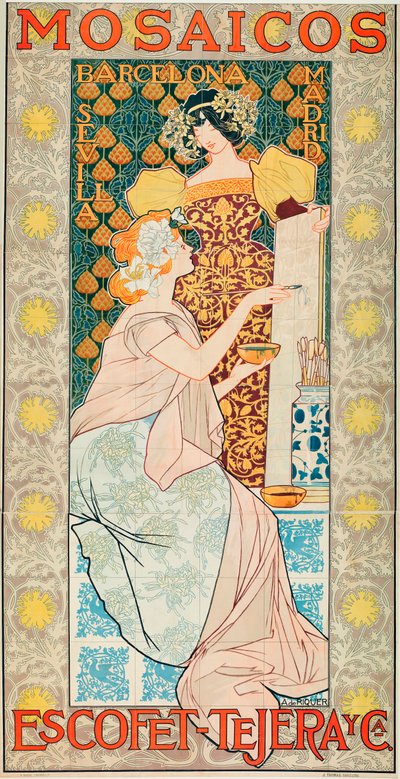 Annons för plattan av märket "Escofet, Tejera y Cia"" - Litografi av Alexandre de Riquer i Ynglada (1856-1920) av Alejandro de Riquer
