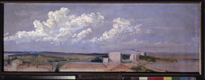 Moln över havskusten. Landskap med några hus längs kusten, toppat av stora vita moln. Verk av Alexander Andrejevitj Ivanov (1806-1858), olja på papper av Aleksandr Andreevich Ivanov
