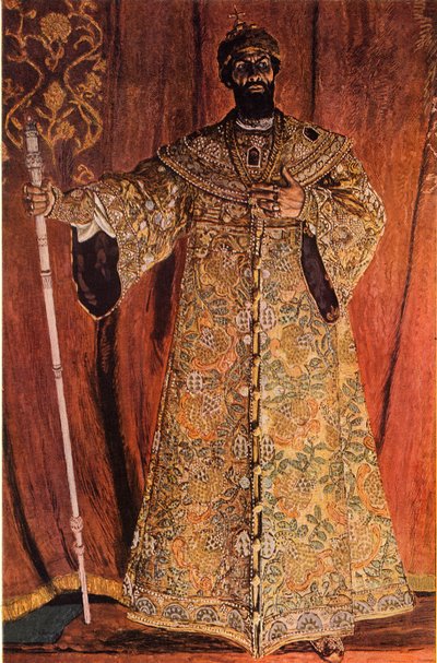 Porträtt av Fjodor Ivanov Shaliapin 1873-1939 i rollen som Boris Godunov, 1912, 1965. av Aleksandr Jakovlevic Golovin
