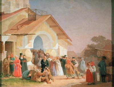 Kommer ut ur en kyrka i Pskov, 1863-64 av Aleksandr Ivanovich Morozov