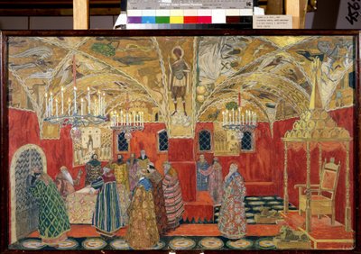 I Kreml. Förberedande teckning till operan Boris Godunov av Modeste Mussorgsky (1839-1881) (I Kreml. Scenografi till operan Boris Godunov av M. Mussorgsky). Verk av Alexander Yakovlevich Golovin (Alexander Golovin) (1863-1930), akvarell och av Aleksandr Jakovlevic Golovin