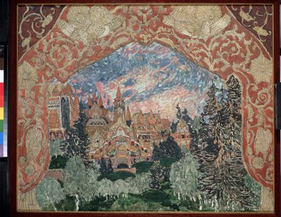 Förberedande dekor för operan Den magiska spegeln av Arseny Korechchenko (1870-1921) (Scenografi för operan Den magiska spegeln av A. Koreshchenko). Beskrivning av en rysk stad i skogen, inramad av dekorerade gardiner. Konstverk av Alexander Yakovlevich av Aleksandr Jakovlevic Golovin