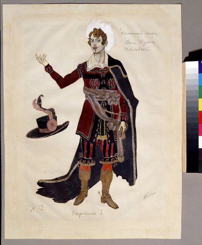 Kostymdesign för operan ""Le guest de pierre"" av Alexandre Dargomyjski (1813-1869) (Dräktdesign för operan Stengästen av A.Dargomyzhsky). Verk av Alexander Yakovlevich Golovin (Alexander Golovin) (1863-1930); Akvarell, gouache och e av Aleksandr Jakovlevic Golovin
