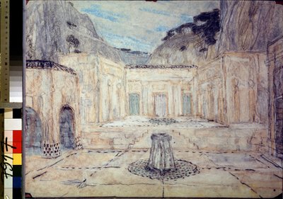 Scenografi för tragedin Antigone efter Sofokles (496 f.Kr.-406 f.Kr.) (Scenografi för tragedin Antigone efter Sofokles). Ett offentligt torg omgivet av antika byggnader i ett bergslandskap. Alexanders verk av Aleksandr Jakovlevic Golovin