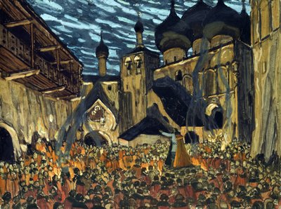 Scenografi för operan The Maid of Pskov av N. Rimsky-Korsakov - Golovin, Alexander Yakovlevich (1863-1930) - 1901 - Tempera på kartong - 39x52 - Privat samling av Aleksandr Jakovlevic Golovin