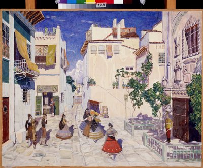 Une rue a Sevilla (Spanien), Dekor för operan Carmen av Georges Bizet (1838-1875) (A Street in Sevilla, Scenografi för operan Carmen av G.Bizet). Verk av Alexander Yakovlevich Golovin (Alexander Golovin) (1863-1930), tempera på papper av Aleksandr Jakovlevic Golovin