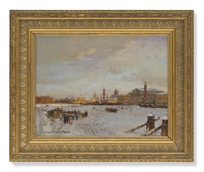 Utsikt över det frusna Neva, Rostralpelarna, St Isaac