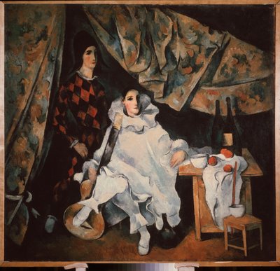 Cyrano jonglering bröderna. (i Pierrot och Harlequin-dräkt). Målning av Alexander Vasilyevich Shevchenko (Alexander Shevchenko) (1883-1948), olja på duk av Aleksandr Vasilievich Shevchenko