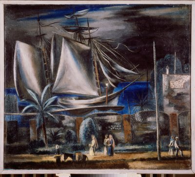 Port marin, la nuit (Ett högt skepp förtöjer vid Svarta havet) - Seaport at Night - Målning av Alexander Vasilyevich Shevchenko (Alexander Chevtchenko) (1883-1948), olja på duk av Aleksandr Vasilievich Shevchenko