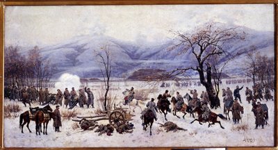 Rysk-turkiska (ryska-turkiska) kriget (1877-1878): Fjärde slaget vid Shipka-passet i Bulgarien från 5 till 9 januari 1878 (Fjärde slaget vid Shipka-passet). Målning av Alexei Danilovich Kivshenko (1851-1895) av Aleksei Danilovich Kivshenko