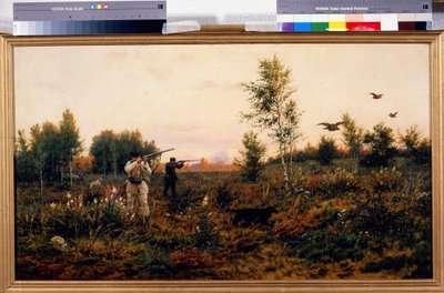 Blackcock skytte. Jaktscen. Målning av Alexei Danilovich Kivshenko (1851-1895), olja på duk av Aleksei Danilovich Kivshenko