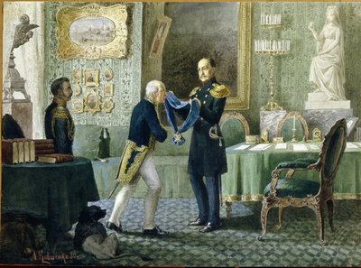 Kejsar Nicholas I av Ryssland (1796-1855) överlämnar det blå bandet av Saint Andres orden till greve Mikhail Speranski (1772-1839). (Kejsar Nicholas I tilldelar det blå bandet av St. Andrews orden till greve Michail Speransky). Verk av Alexei Danilovich av Aleksei Danilovich Kivshenko