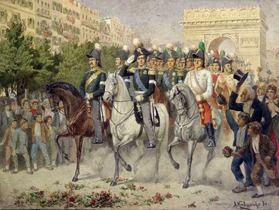 Ryska och allierade styrkor marscherar in i Paris, 1880 (wc på papper) av Aleksei Danilovich Kivshenko