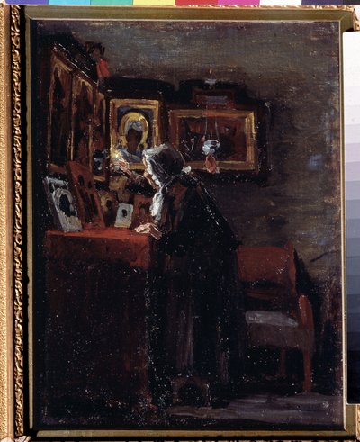 Innan en religiös högtid (Före en religiös fest) - Målning av Aleksei Fyodorovich Afanasyev (Alexis Afanasyev) (1850-1920) - Olja på duk, 41 x 31,5 cm av Aleksei Fyodorovich Afanasyev