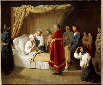 Eukaristin till de döende. En präst i den ortodoxa kyrkan kommer till en sjuk kvinnas säng för att ge henne det liturgiska sakramentet, omgiven av familjemedlemmar. Målning av Alexei (Alexis) Gavrilovich Venetsianov ( av Aleksei Gavrilovich Venetsianov