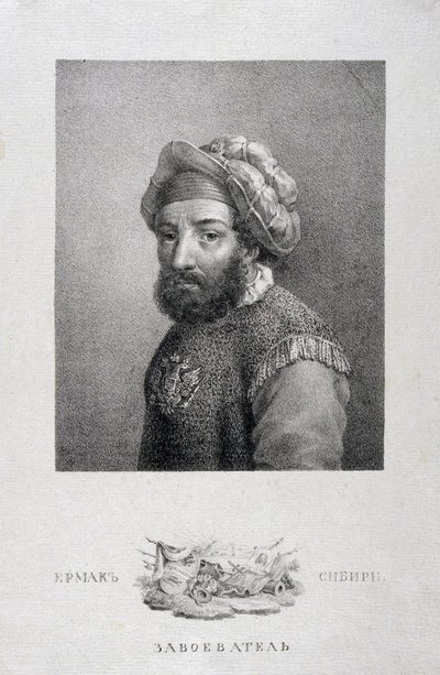 Porträtt av kosackernas ledare, erövraren av Sibirien Yermak Timopheyevich -1585, 1818 av Aleksei Gavrilovich Venetsianov