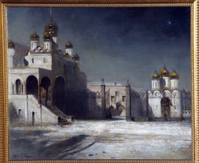 Katedraltorget i Moskva Kreml på natten. (Katedraltorget i Moskva Kreml på natten). Målning av Alexei Kondratyevich Savrasov (Savrasov) (1830-1897), olja på duk av Alexei Kondratjewitsch Sawrassow