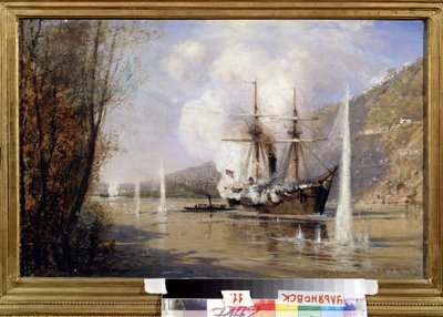 Den ryska jagaren Shutka attackerade ett turkiskt skepp den 16 juni 1877 (Den ryska jagaren Shutka attackerade det turkiska skeppet den 16 juni 1877). Beskrivning av slaget i Bosporensundet mellan den ryska väpnade flottan och det osmanska riket, av Aleksei Petrovich Bogolyubov