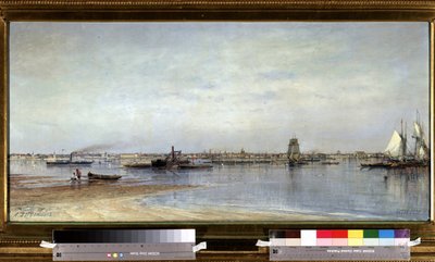 Utsikt över floden Nevas stränder i Sankt Petersburg (Saint-Petersburg) i Ryssland. Målning av Alexei Petrovich Bogolyubov (Bogoliubov eller Bogolioubov) (1824-1896) av Aleksei Petrovich Bogolyubov