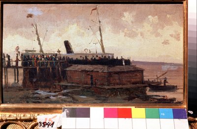 ""Utsikt över en ångbåt vid kajen i en hamn"" Målning av Alexei Petrovich Bogolyubov (Bogoliubov eller Bogoliubov) (1824-1896) 1874 State United Art Museum, Kostroma, Ryssland av Aleksei Petrovich Bogolyubov