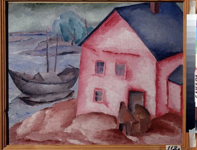 Ett rosa hus nära floden (A Pink House at the River). Med ett par, en båt och en förtöjd båt. Målning av Alexei Ilyich Kravchenko (1889-1940), olja på duk av Aleksey Kravchenko