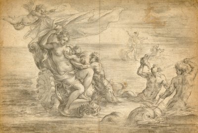 Venus sittande i sin havsvagn sugande Amor av Alessandro Algardi