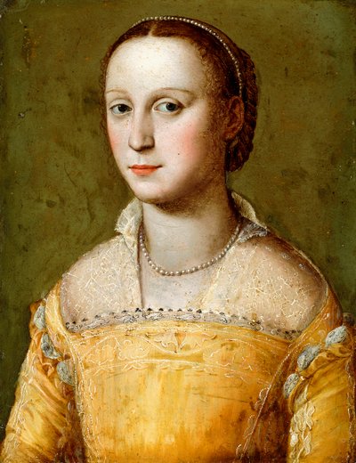 Porträtt av Eleanora d"Este, halvlångt, iklädd en guldklänning, av Alessandro Allori
