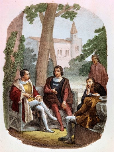 Fabrizio Colonna och Cosimo Rucellai diskuterar krigskonsten - i "" Kompletta verk av Niccolo Machiavelli "", Illustration av Alessandro Focosi (1836 - 1869). "The Art of War" av Niccolo av Bernardo Dei Machiavelli (Nicolas Machiavel av Alessandro Focosi