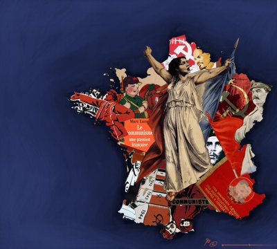 En mariana mot en bakgrund av kommunistiskt collage. Allegori över kommunismen i Frankrike. 2010 Färgteckning av Alessandro Lonati. av Alessandro Lonati