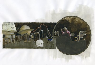 Alkemist i sitt laboratorium omgiven av flaskor och stillbilder Illustration av Alessandro Lonati av Alessandro Lonati