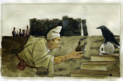 Alkemist i sitt laboratorium med en korp, en dödskalle Illustration av Alessandro Lonati av Alessandro Lonati