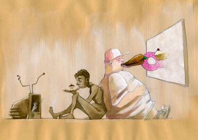 Allegorisk representation av vårt delade samhälle som ett konsumtionssamhälle är överdriven när en ung västerländsk fetma sväljer snabbmat (skräpmat) framför en stor skärm, adosse en svältande man som desperat tittar på en äppeldotter framför en tv av Alessandro Lonati