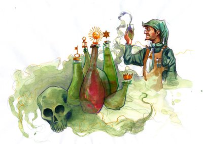 En alkemist i sitt laboratorium omgiven av flaskor och stillbilder som undersöker innehållet i en flaska (alkemist i sitt laboratorium omgiven av flaskor och flaskor) av Alessandro Lonati