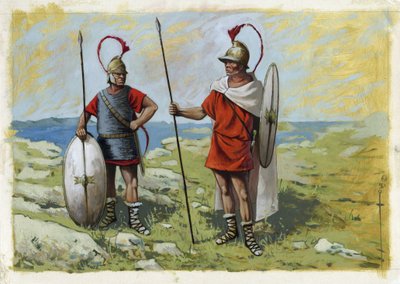 Antikens Grekland: tureofor legosoldat (Thureophoros eller Thureophoroi) (3:e-1:a århundradet f.Kr.) (höger) och Thorakites (Thorakitai) (vänster). Teckning av Alessandro Lonati av Alessandro Lonati
