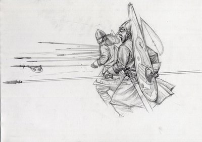 Ansvar för normandiska krigare av infanteriet i slaget vid Hastings 1066. Teckning av Alessandro Lonati. av Alessandro Lonati