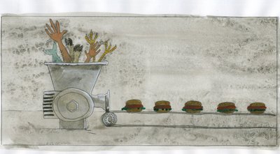 Konsumentsamhället: produktion av skräpmat, hamburgare gjord av mänskliga och animaliska rester (konsumtion: produktion av skräpmat, hamburgare gjord av mänskliga och djurrester) Illustration av Alessandro Lonati av Alessandro Lonati