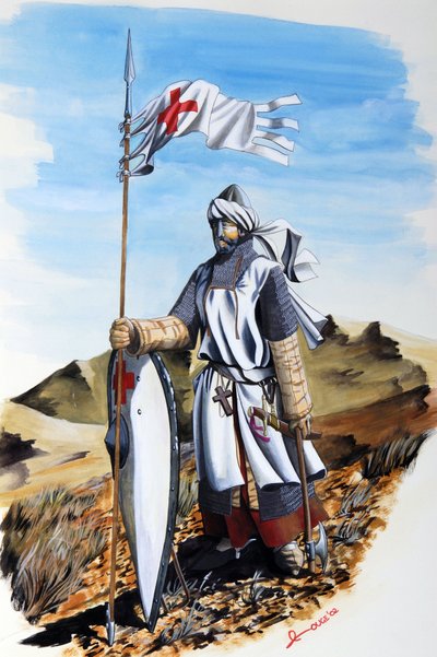 Korståg: en riddare av Tempelherreorden iförd vit rock med Röda Korset. Illustration av Alessandro Lonati av Alessandro Lonati