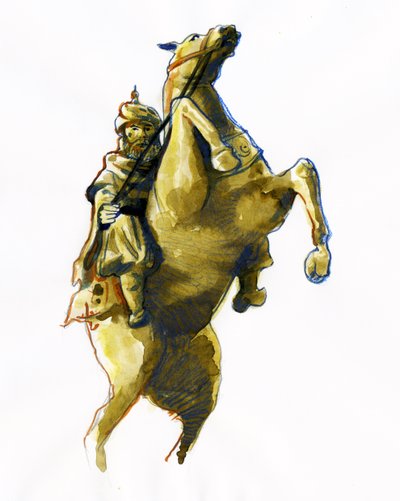 Ridsporträtt av Oqba ibn Nafi Al Fihri (622-683) - (Uqba ibn Nafi eller Oqba ibn Nafi, Uqba ibn Nafe, Uqba ibn al Nafia eller Akbah arabiska general) Ritning av Alessandro Lonati