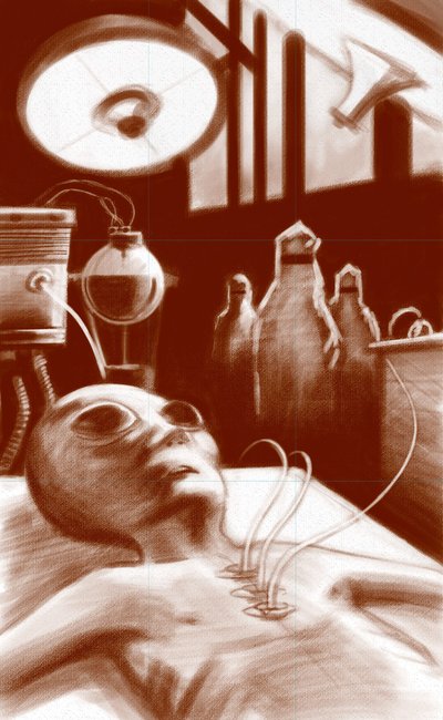 Fantastisk varelse: en utomjording som utsatts för laboratorietester. Illustration av Alesandro Lonati. 2010 av Alessandro Lonati