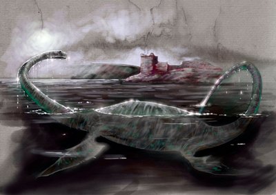 Fantastiska monster och varelser, kryptozoologi: representation av Nessie, Loch Ness-monstret i Skottland - Teckning av Alessandro Lonati, 2012 av Alessandro Lonati