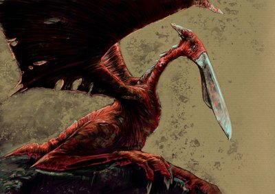 Fantastiska monster och varelser, kryptozoologi: representation av en kongamato, en flyktig pterosaurieliknande varelse som sägs ha setts i Mwinilunga-distriktets Jiundu-träsk i västra Zambia - Teckning av Alessandro Lonati, 2012 av Alessandro Lonati