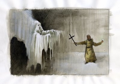 Slåss mellan en munk som håller ett krucifix och ett spöke Illustration av Alessandro Lonati av Alessandro Lonati