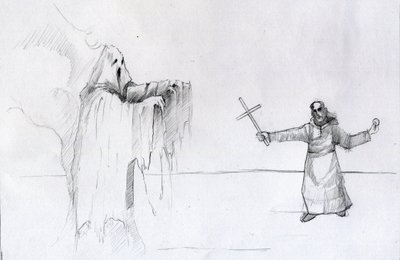 Slåss mellan en munk som håller ett krucifix och ett spöke Illustration av Alessandro Lonati av Alessandro Lonati