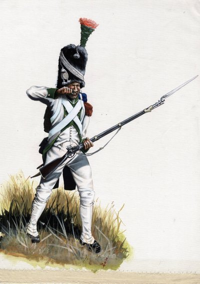Första imperiet (1804-1814 och 1815): Velitesoldat från den stora Napoleonska armén i Italien som öppnar en patron. Teckning av Alessandro Lonati av Alessandro Lonati