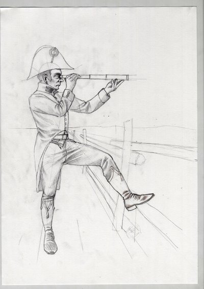Första imperiet (1804-1814 och 1815): senior soldat från den stora franska Napoleonarmén i observation med lång sikt (långsikt). Oavslutad teckning av Alessandro Lonati. av Alessandro Lonati