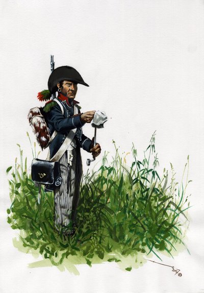 Första imperiet (1804-1814 och 1815): soldat infanterist jägare från den stora franska Napoleonska armén. Teckning av Alessandro Lonati av Alessandro Lonati